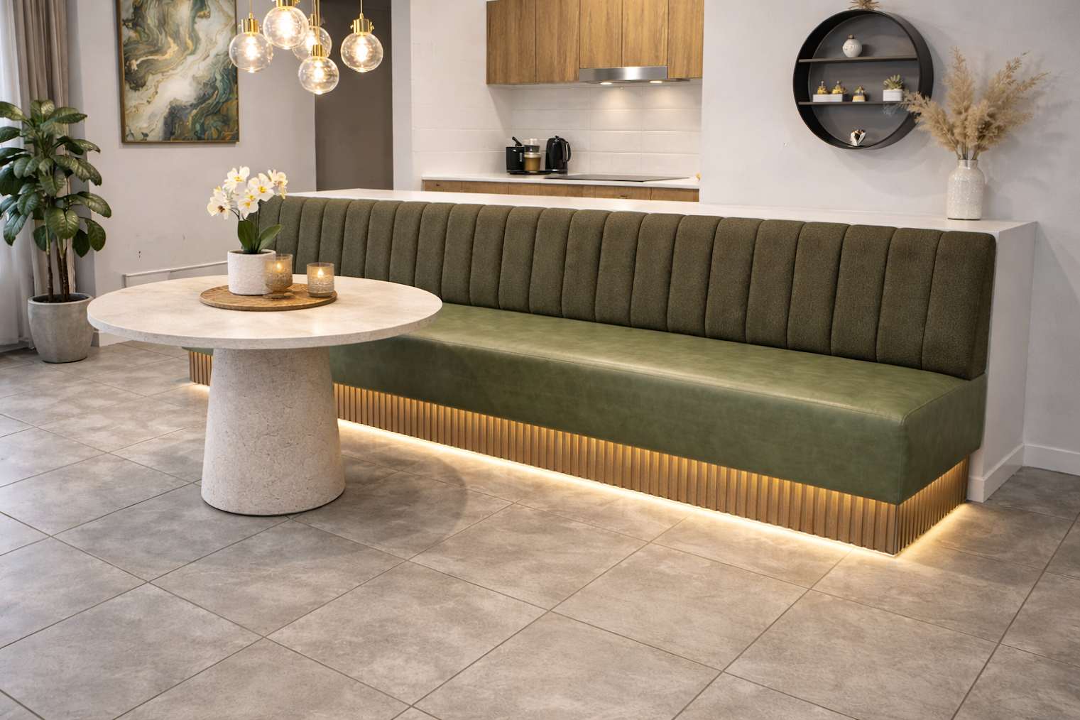 Green banquette seating — residential upholstery by All Upholstery