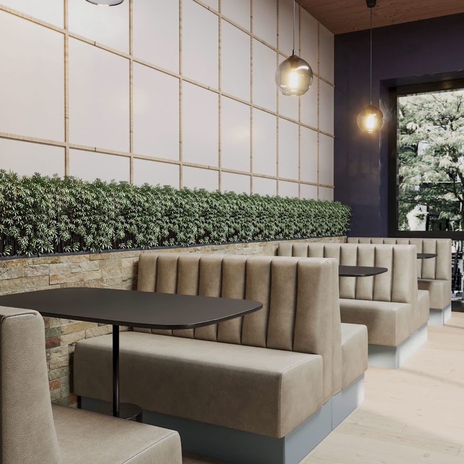 Taupe booth seating — commercial upholstery by All Upholstery